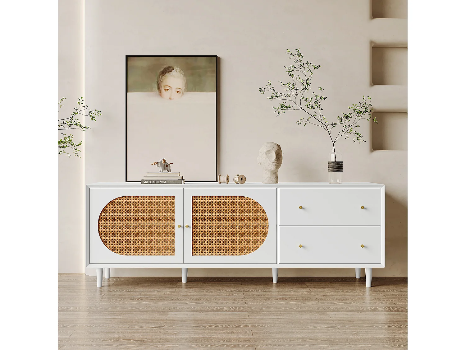 Meuble tv blanc pratique avec pieds en bois