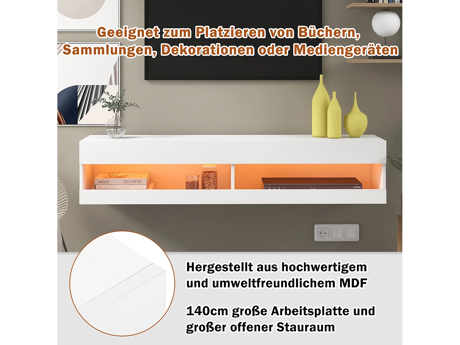 Meuble tv led blanc avec éclairage led, meuble tv moderne 140x40x30.5cm blanc