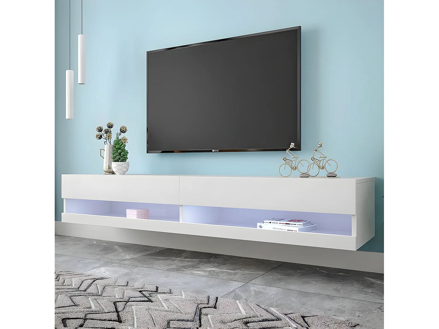 Meuble tv led blanc avec éclairage led, meuble tv moderne 140x40x30.5cm blanc