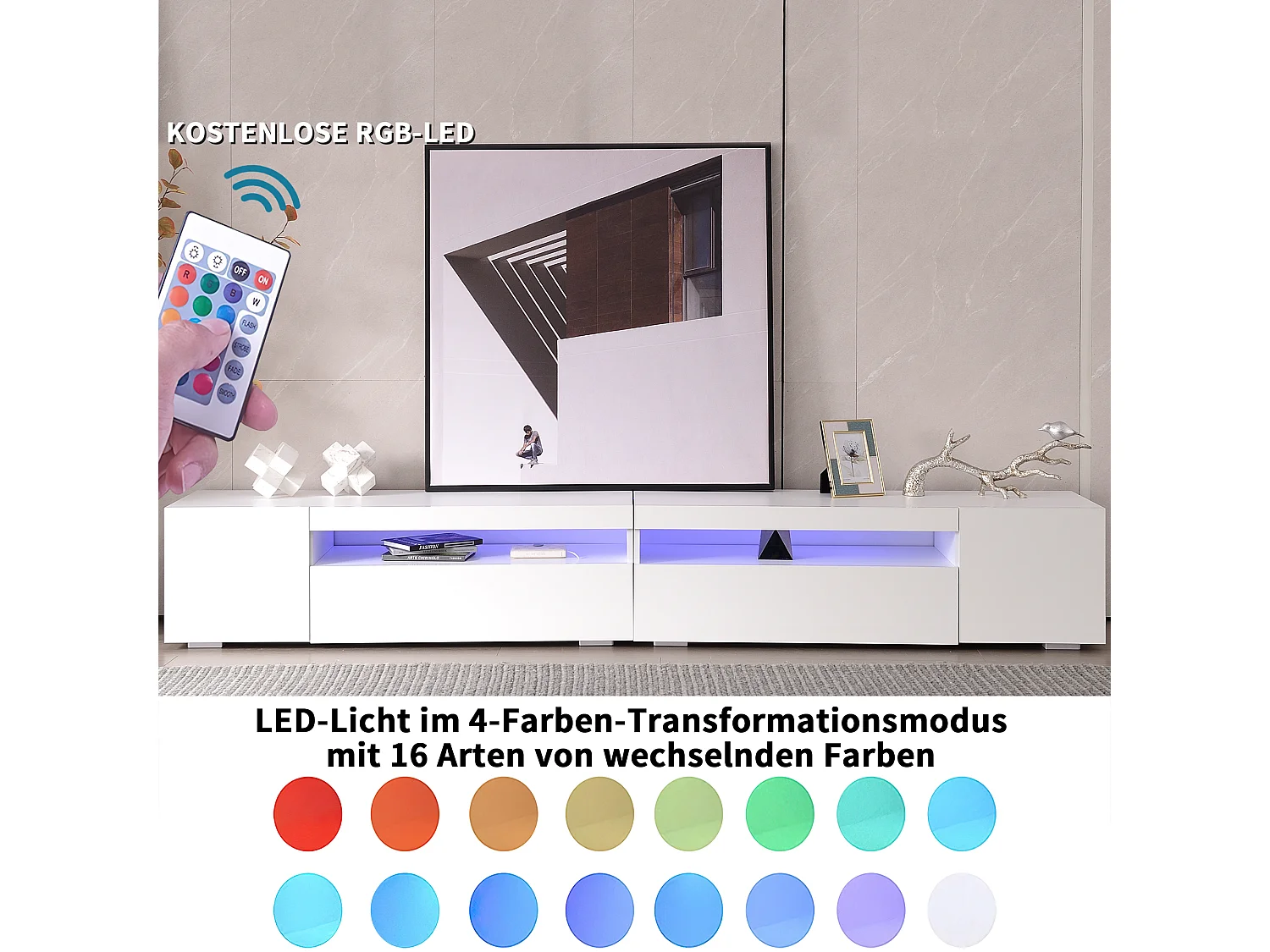 Modern wit TV-meubel met variabele LED-verlichting, eetkamer 240cm