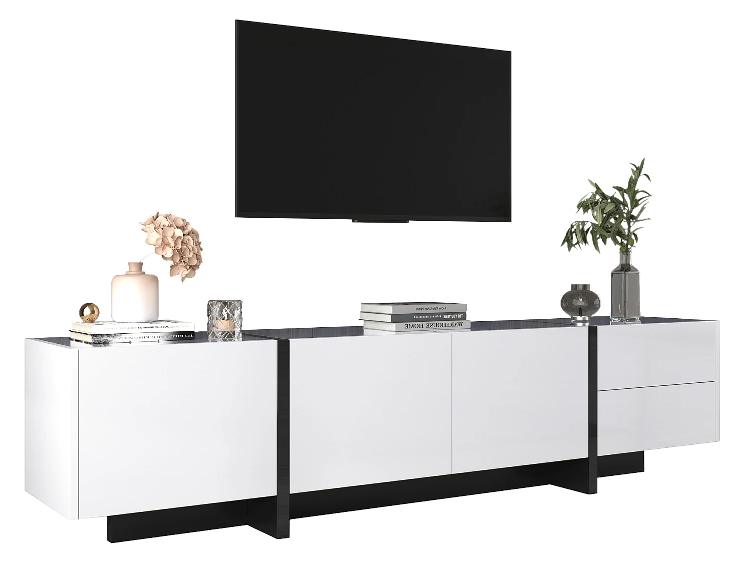 Meuble tv - schrank panel avec pieds blocs de couleur noir et blanc laqués