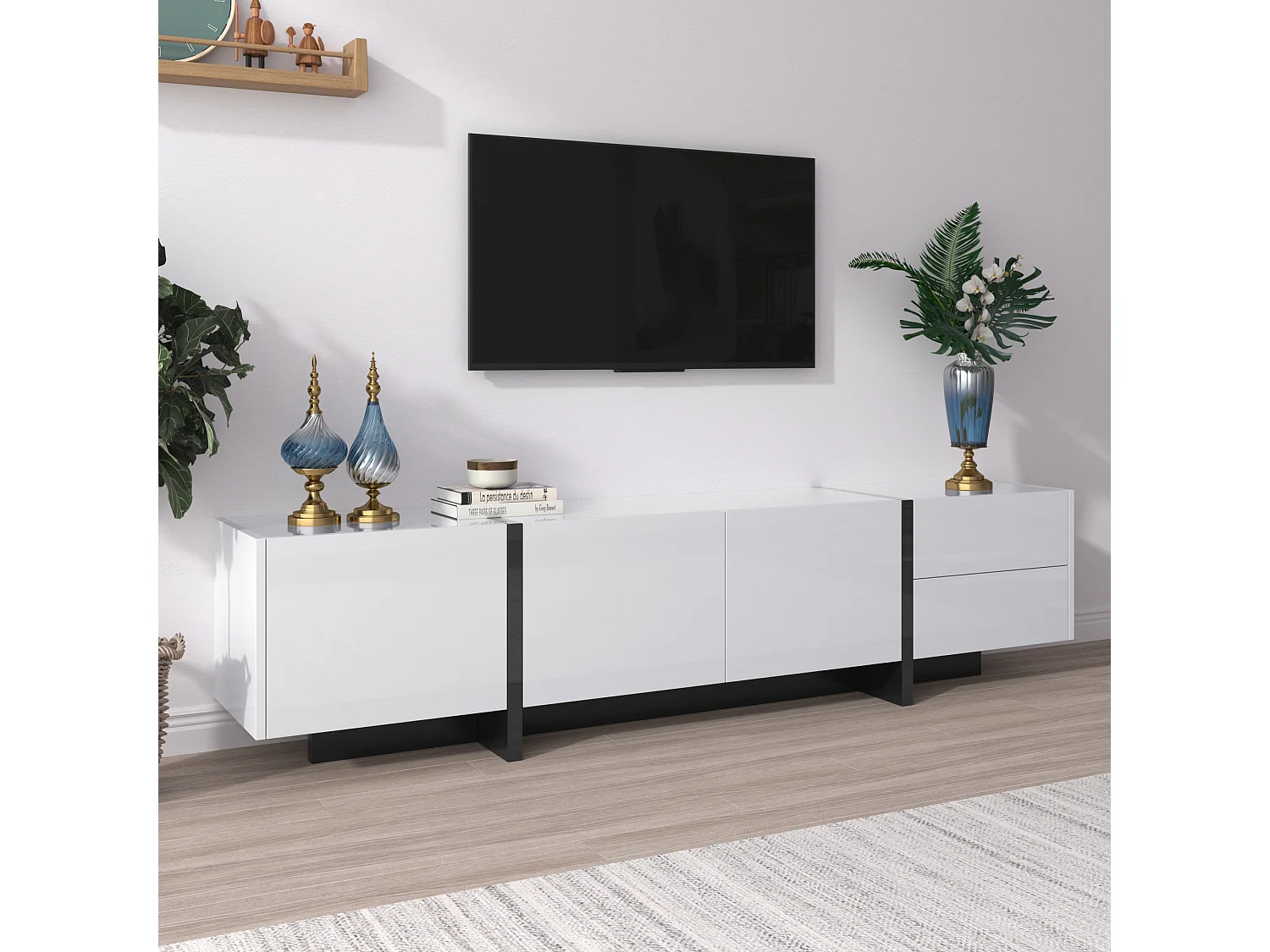 Meuble tv - schrank panel avec pieds blocs de couleur noir et blanc laqués