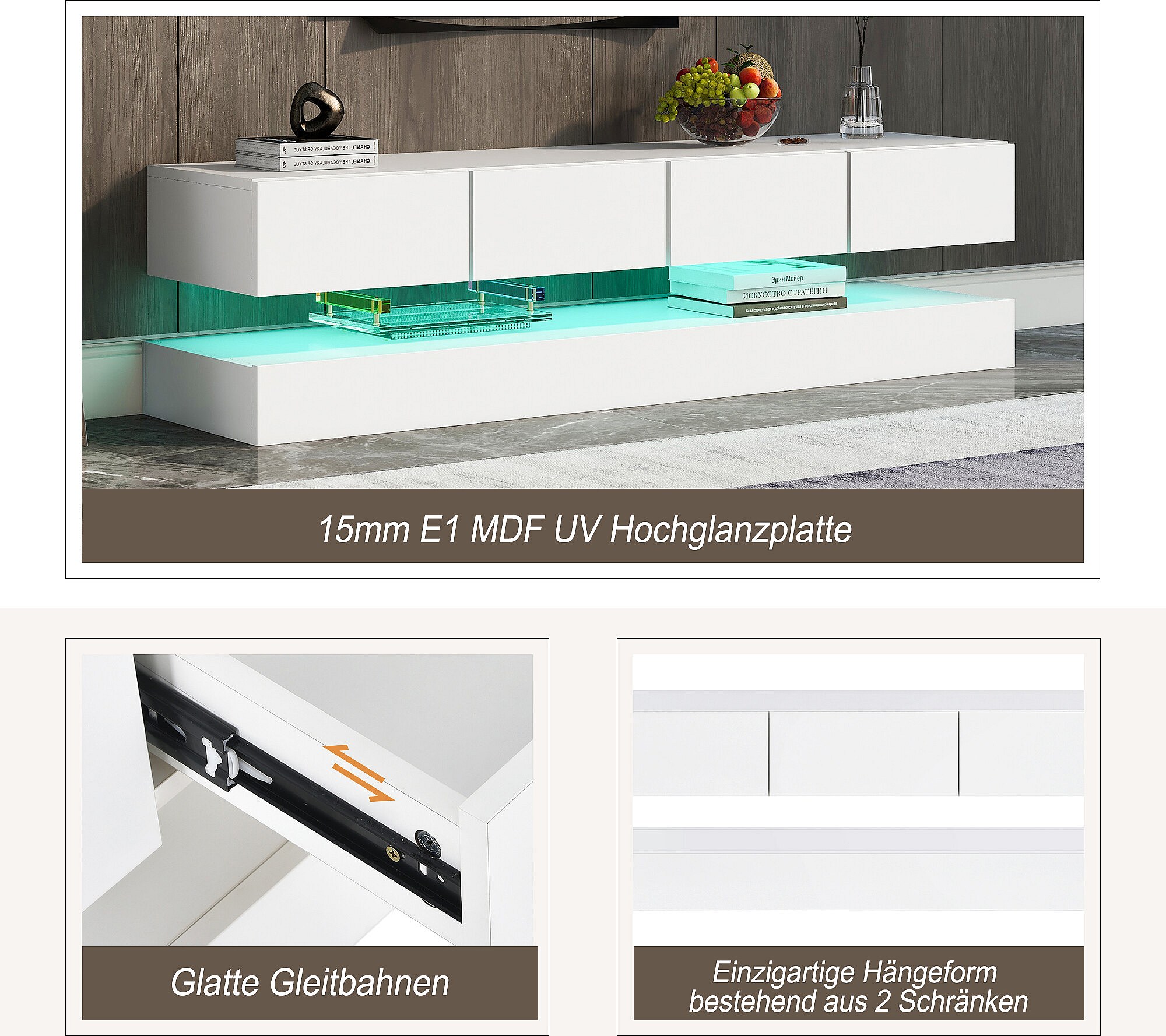 Meuble TV Suspendu Avec LED - 130x33x15cm - 4 Tiroirs + 2 Armoires - Éclairage Bluetooth 16 Couleurs - Blanc Laqué