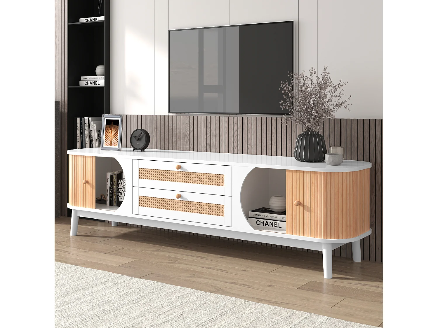 Mueble TV de madera natural con puertas y cajones.