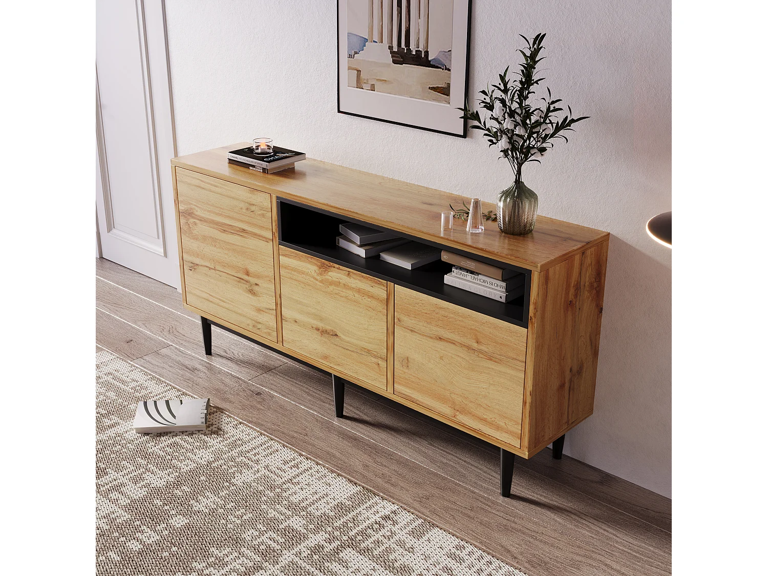 Mueble TV moderno de madera con 3 puertas y estantes naturales.