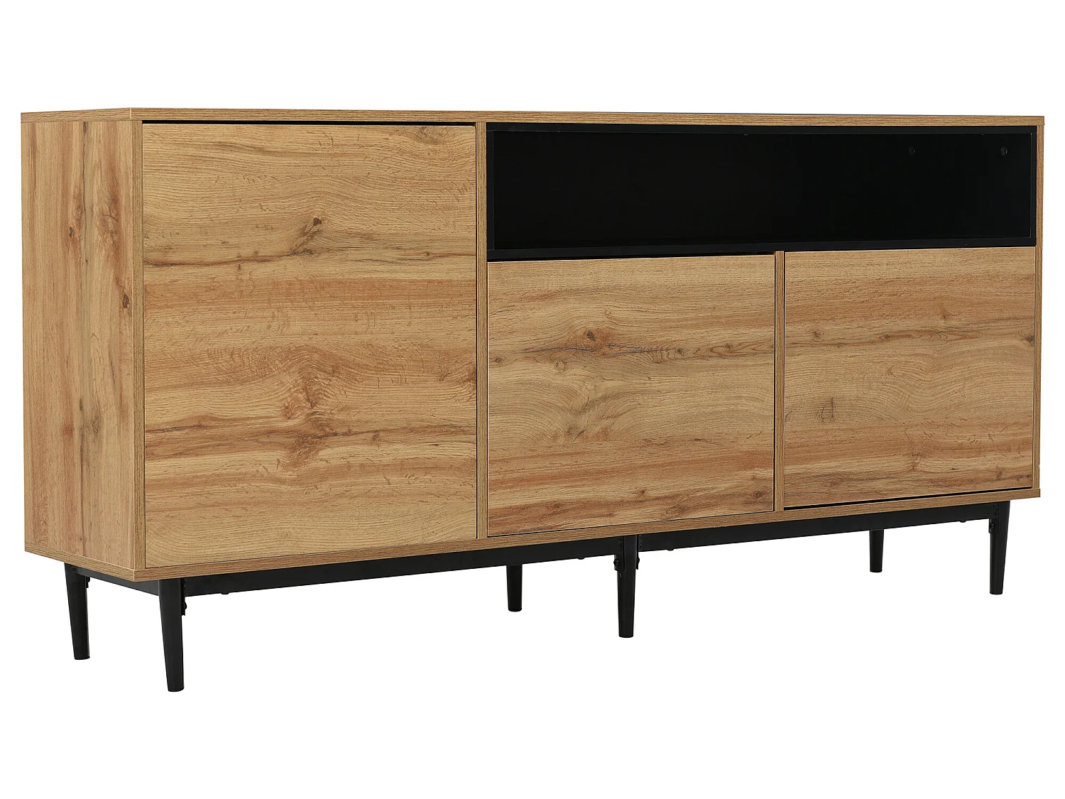 Mueble TV moderno de madera con 3 puertas y estantes naturales.