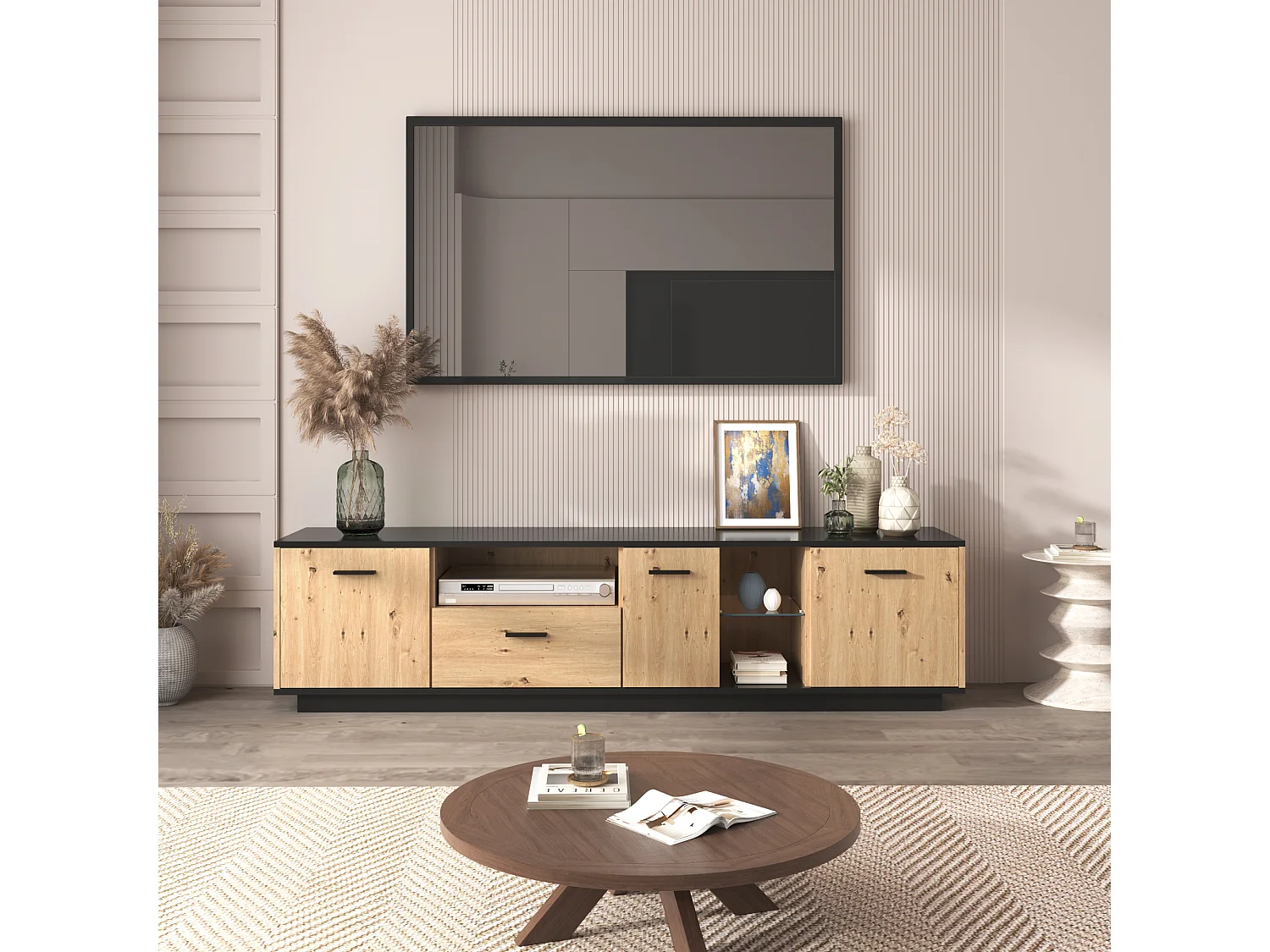 Meuble tv avec schublade, trois türen, deux fächer ouverts en verre, led-naturel et noir