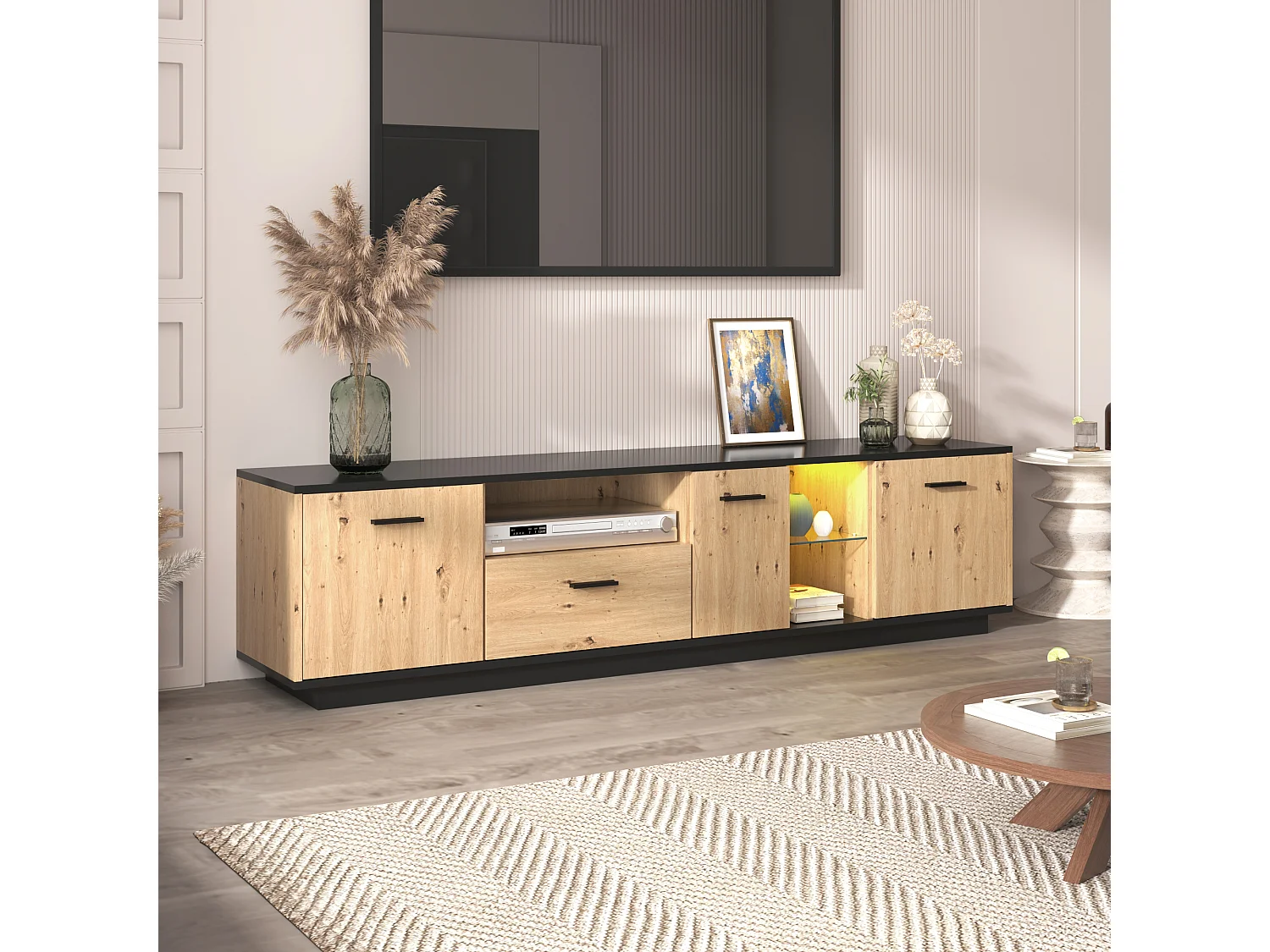 Meuble tv avec schublade, trois türen, deux fächer ouverts en verre, led-naturel et noir