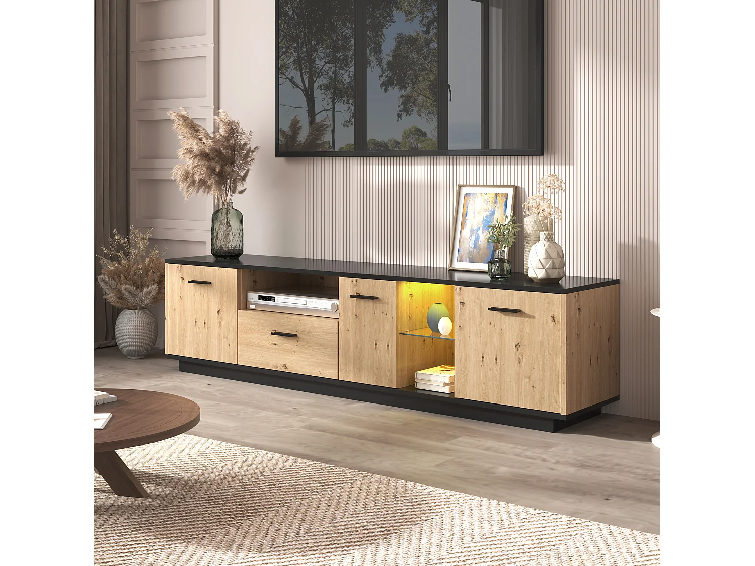 Meuble tv avec schublade, trois türen, deux fächer ouverts en verre, led-naturel et noir