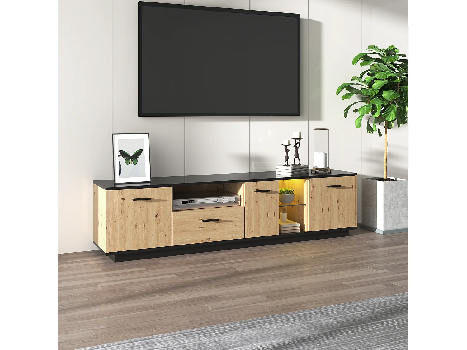 Meuble tv avec schublade, trois türen, deux fächer ouverts en verre, led-naturel et noir