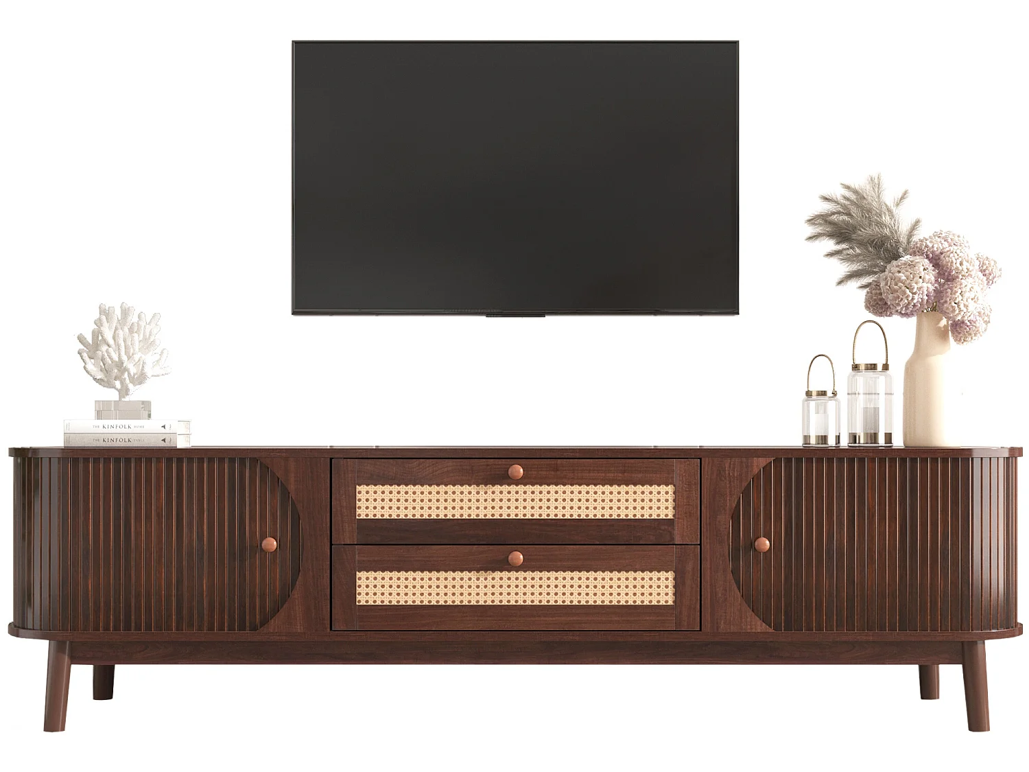 Mueble TV de 4 puertas con 2 estantes abiertos, soporte para TV, 147 x 40 x 64 cm natural