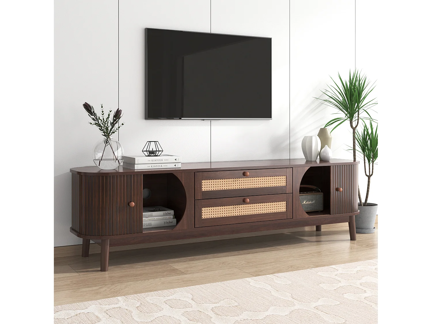 Mueble TV de 4 puertas con 2 estantes abiertos, soporte para TV, 147 x 40 x 64 cm natural
