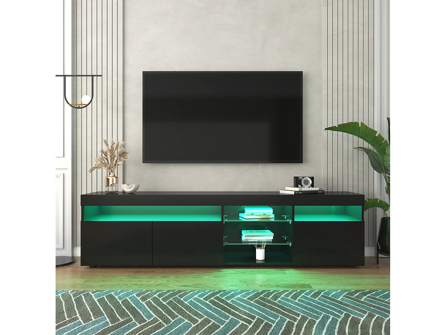 Meuble tv moderne noir brillant, panneau lumineux clair, éclairage led variable, 180cm