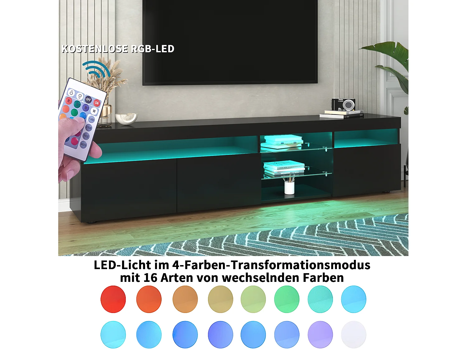 Meuble tv moderne noir brillant, panneau lumineux clair, éclairage led variable, 180cm
