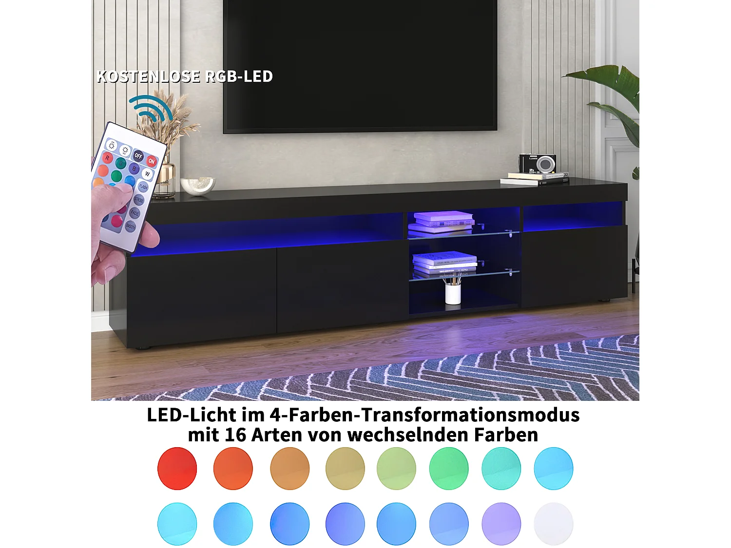 Meuble tv moderne noir brillant, panneau lumineux clair, éclairage led variable, 180cm