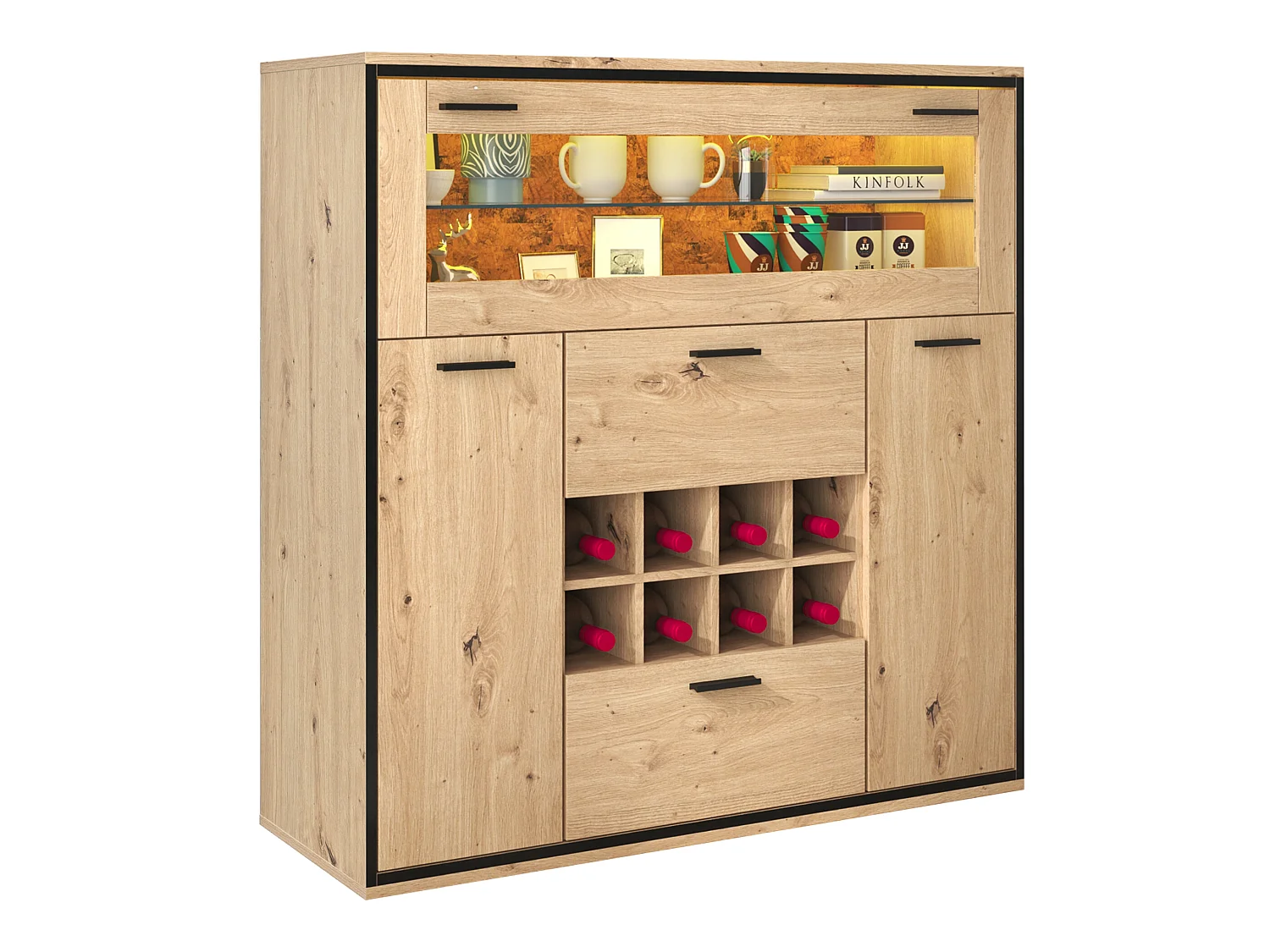 Meuble tv élégant avec portes doubles, étagère en verre naturel