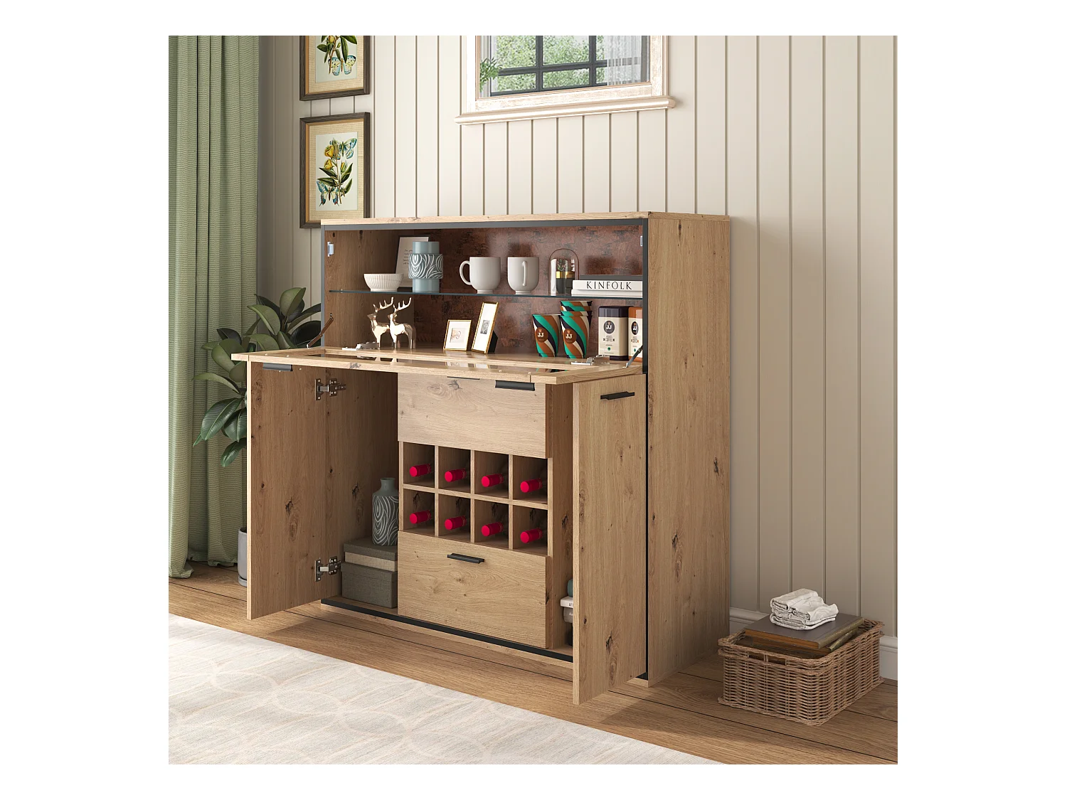 Eleganter TV-Schrank mit Doppeltüren, Regal aus Naturglas