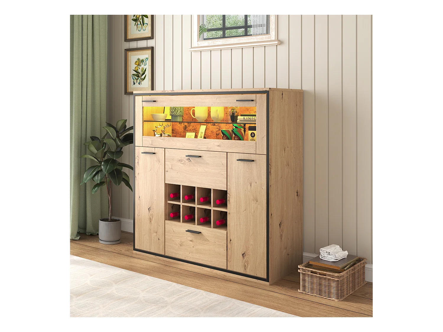 Eleganter TV-Schrank mit Doppeltüren, Regal aus Naturglas