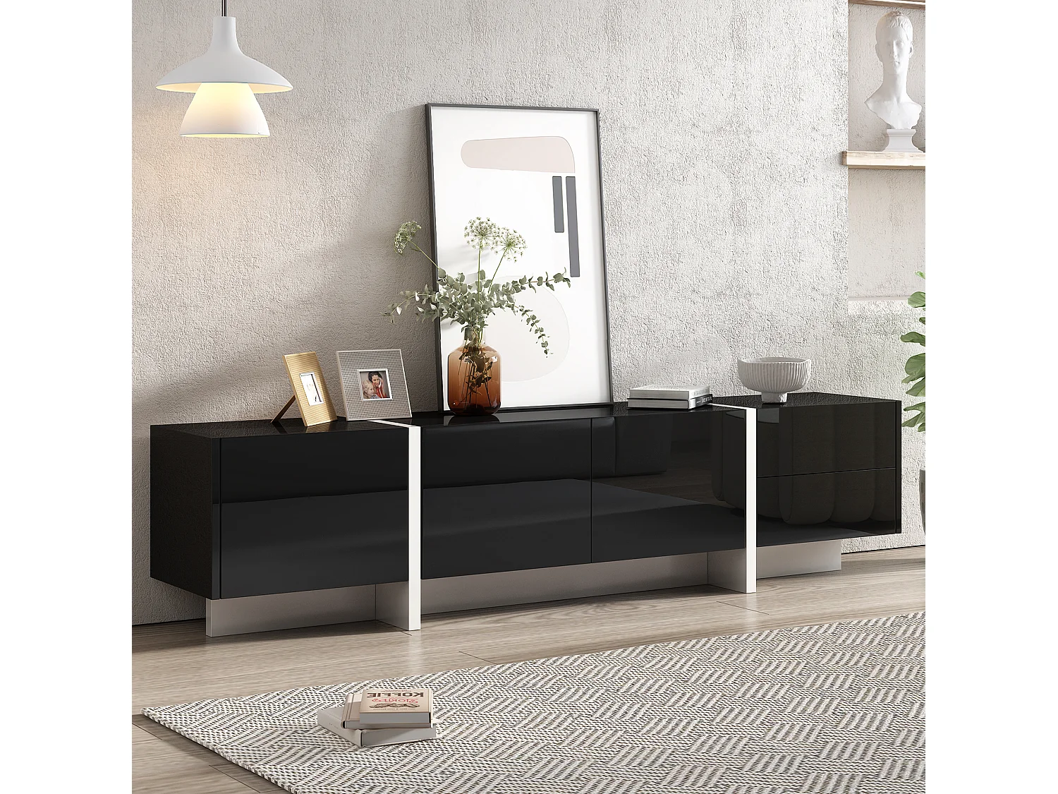 Meuble tv à panneau bas avec jambes à blocs de couleur en noir et blanc laqué