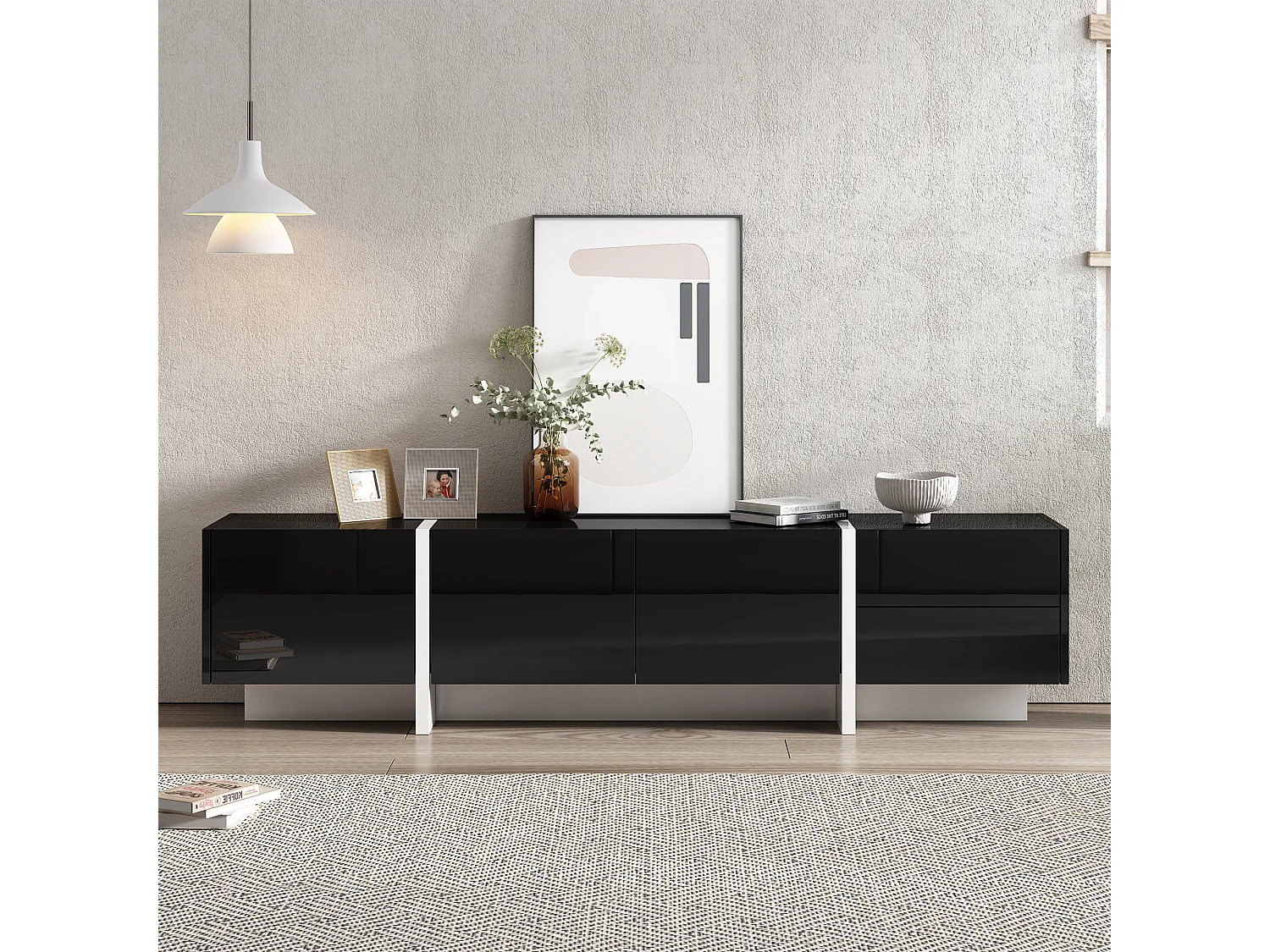 Meuble tv à panneau bas avec jambes à blocs de couleur en noir et blanc laqué