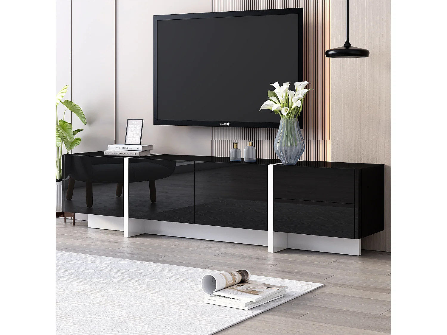 Meuble tv à panneau bas avec jambes à blocs de couleur en noir et blanc laqué