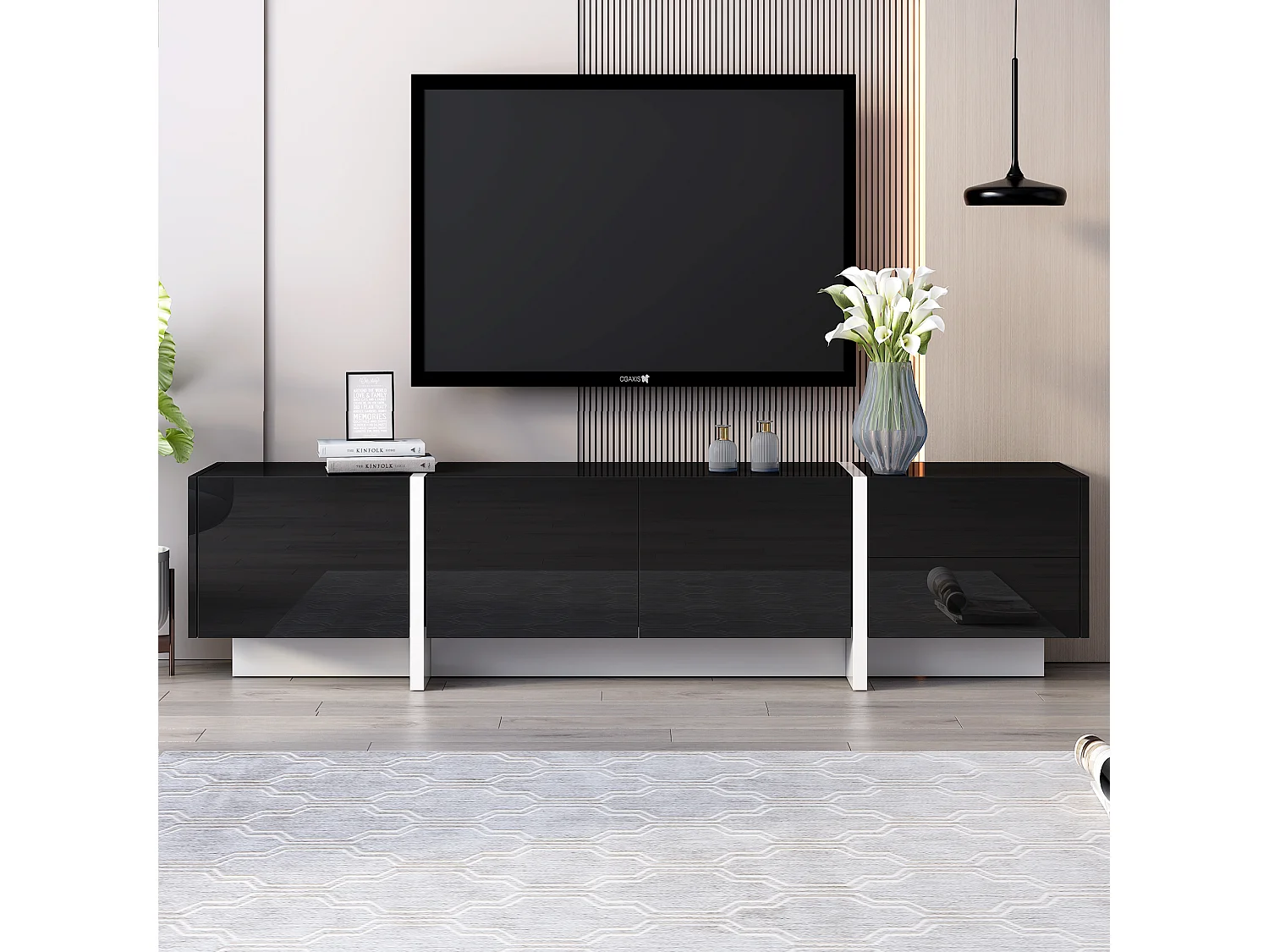 Meuble tv à panneau bas avec jambes à blocs de couleur en noir et blanc laqué