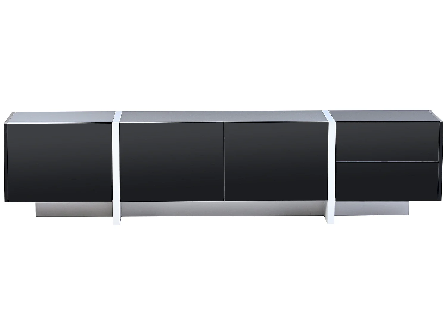 Meuble tv à panneau bas avec jambes à blocs de couleur en noir et blanc laqué