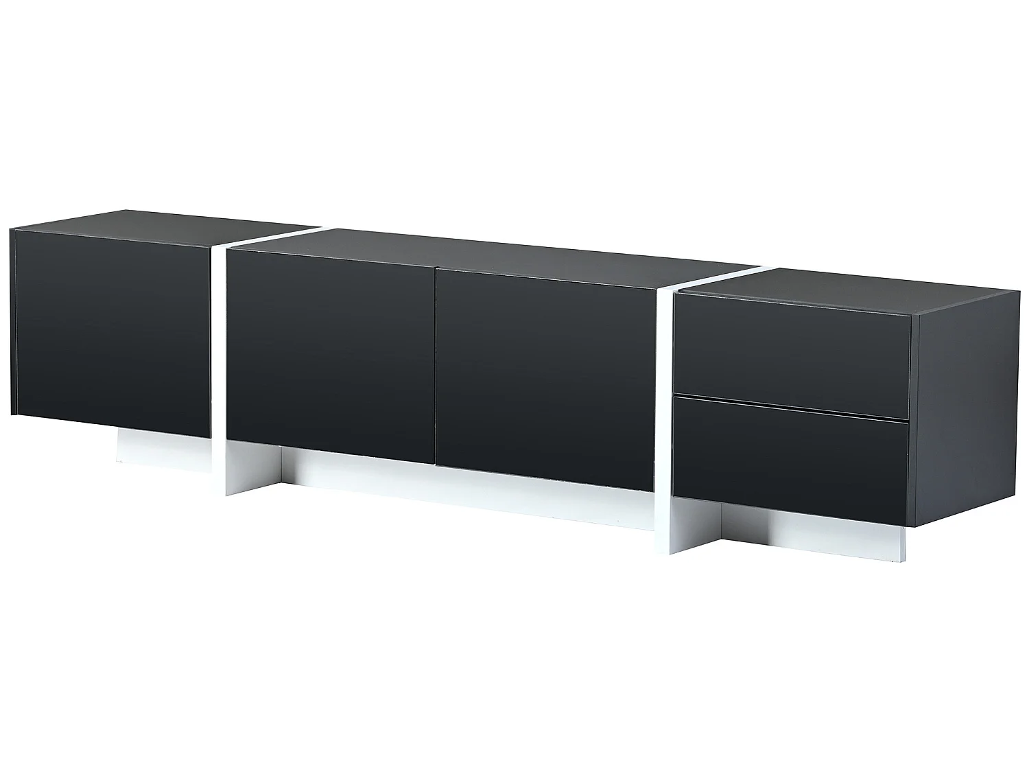 Meuble tv à panneau bas avec jambes à blocs de couleur en noir et blanc laqué