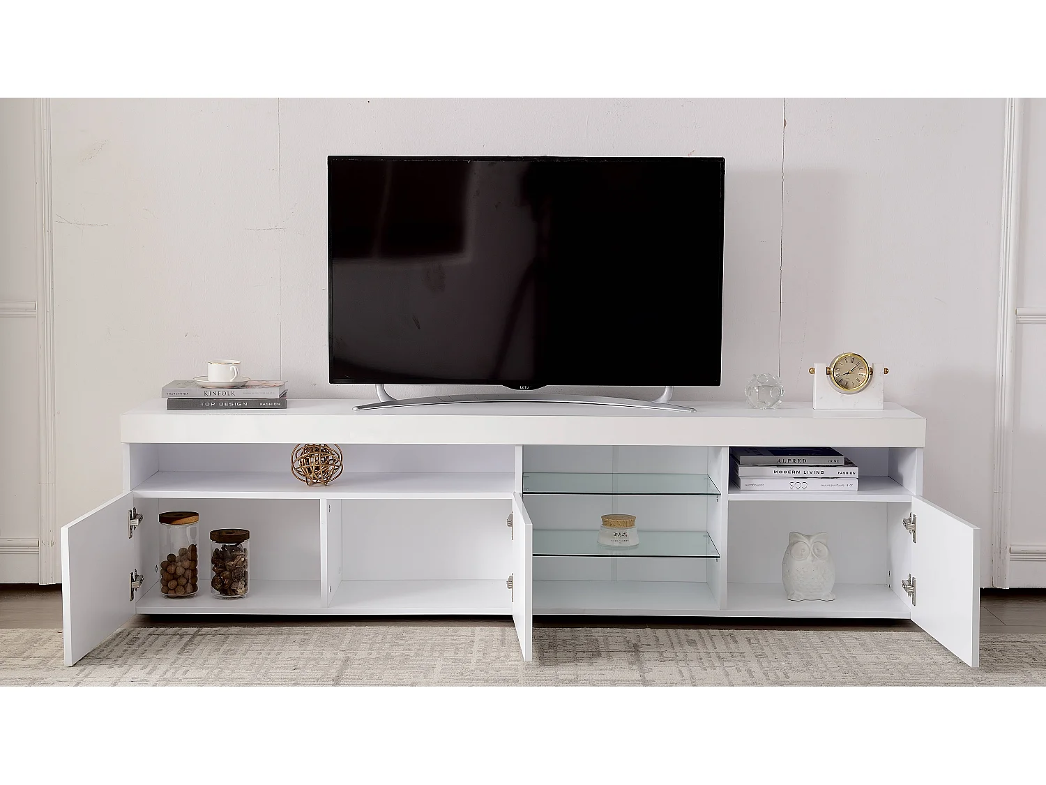 Mueble de TV moderno blanco con panel de luz, iluminación LED variable, 180 cm