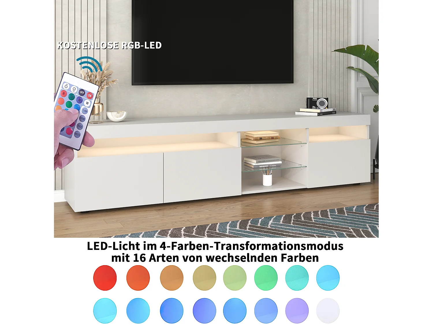 Meuble tv moderne blanc avec panneau lumineux, éclairage led variable, 180cm