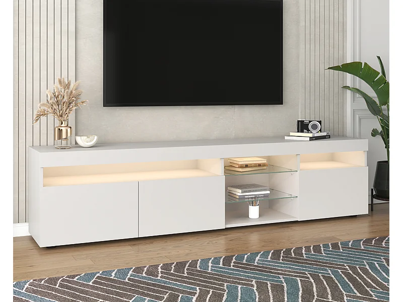 Mobile TV moderno bianco con pannello luminoso, illuminazione LED variabile, 180 cm