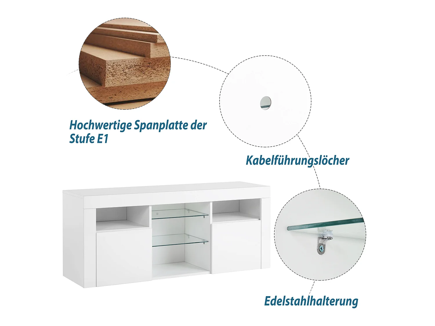 LED tv-meubel met verlichting, 2 kasten met deuren, wit