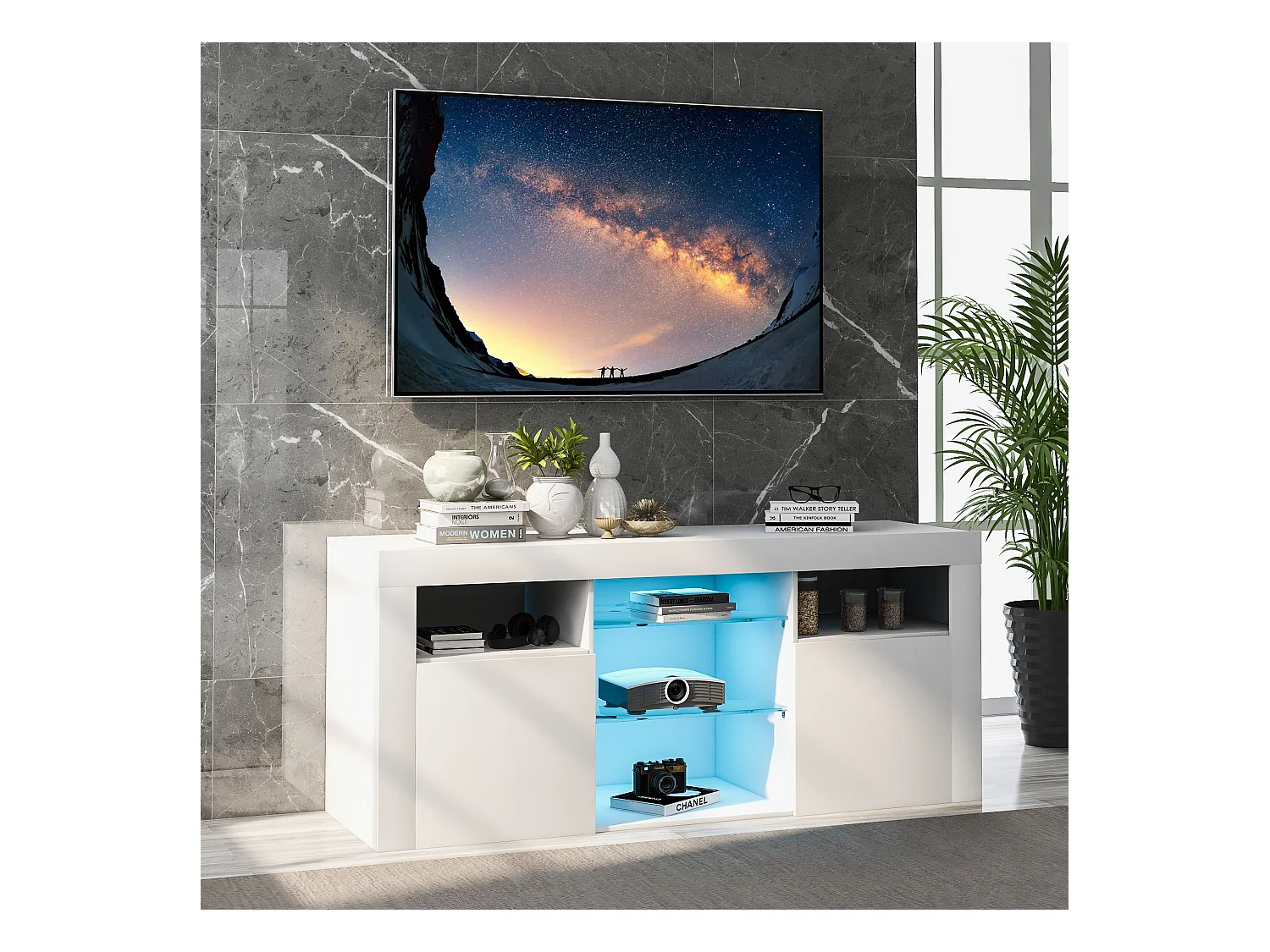 LED tv-meubel met verlichting, 2 kasten met deuren, wit