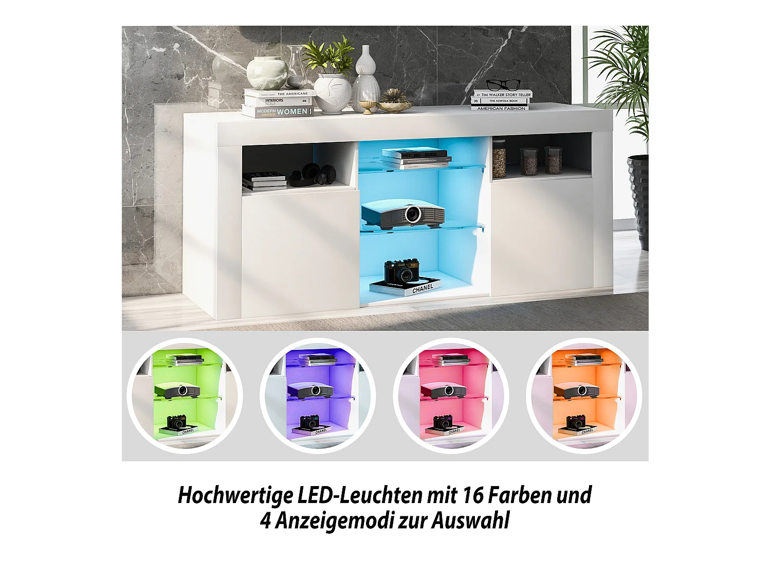 LED tv-meubel met verlichting, 2 kasten met deuren, wit