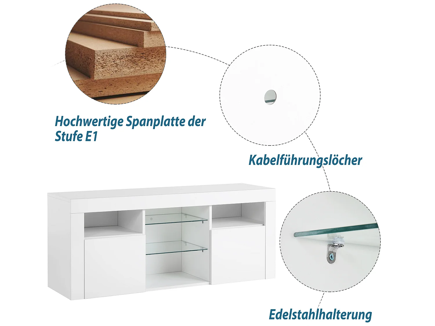 LED tv-meubel met verlichting, 2 kasten met deuren, wit