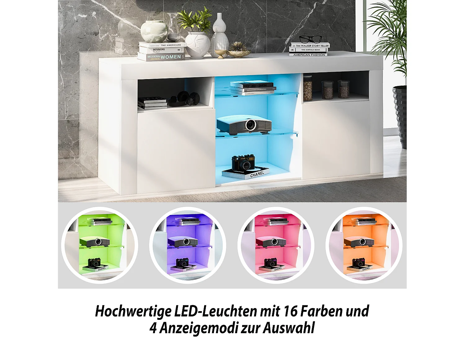 LED tv-meubel met verlichting, 2 kasten met deuren, wit