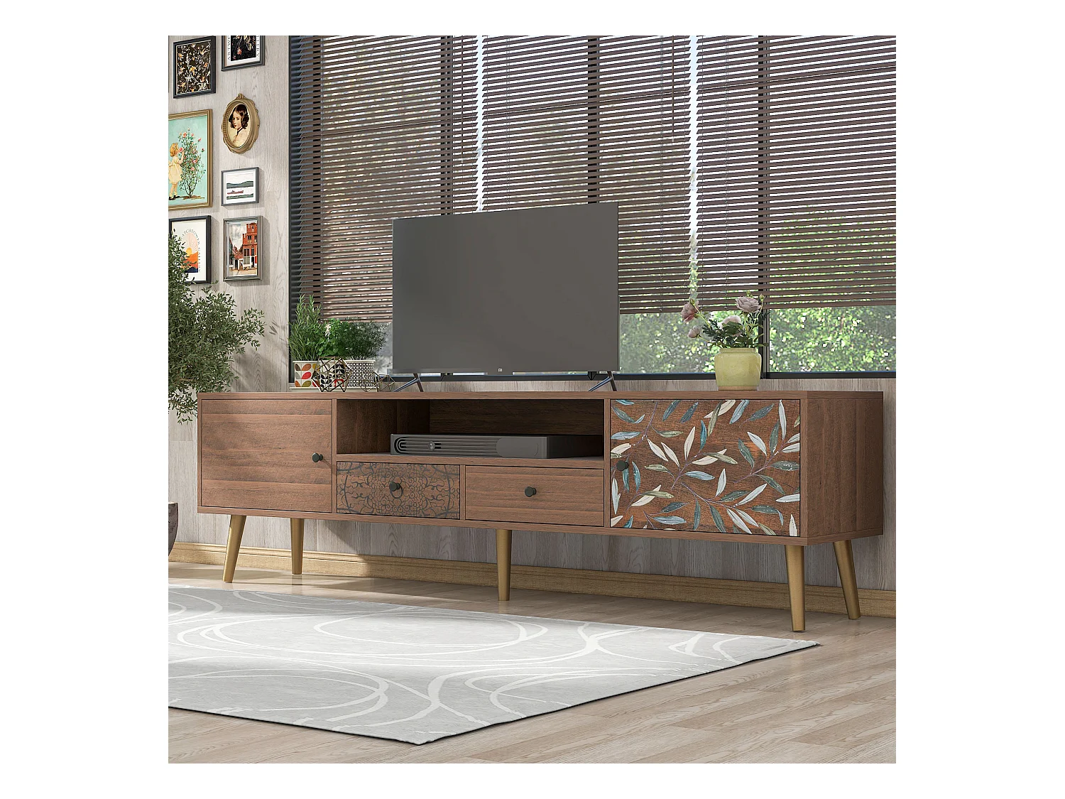 Vintage TV-meubel - 180x38x50,5cm - 2 deuren, 2 lades, gouden poten