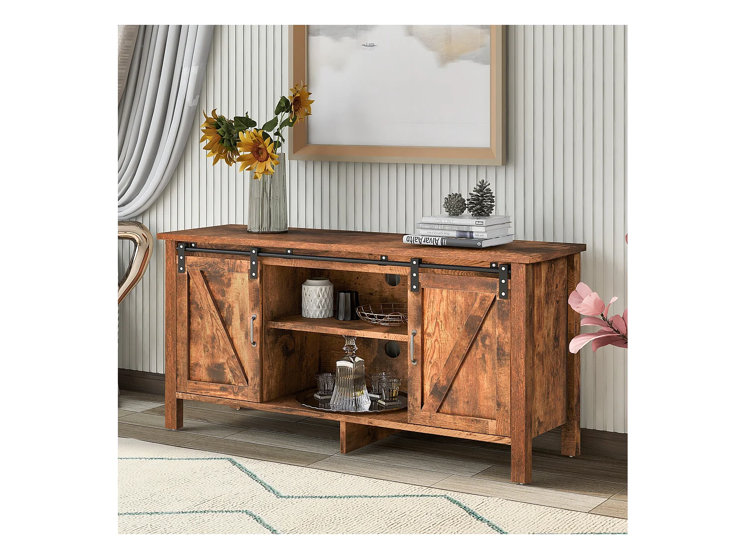 Meuble tv en design industriel vintage avec 2 portes coulissantes brun vintage