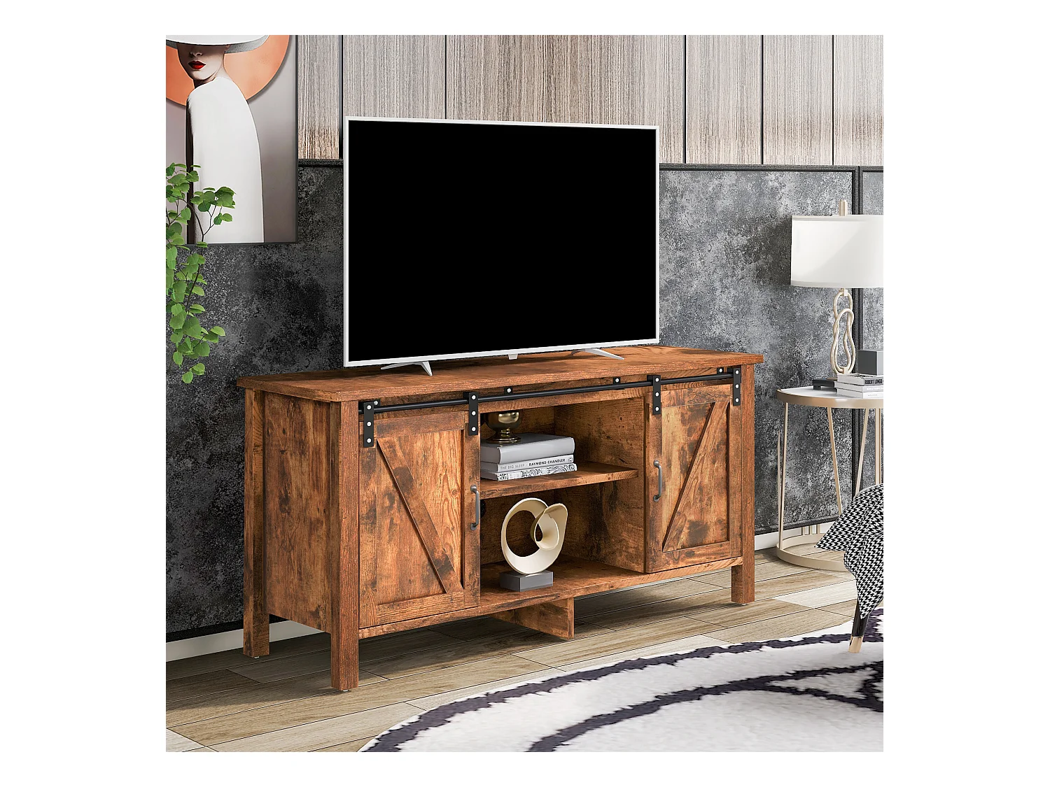 Meuble tv en design industriel vintage avec 2 portes coulissantes brun vintage