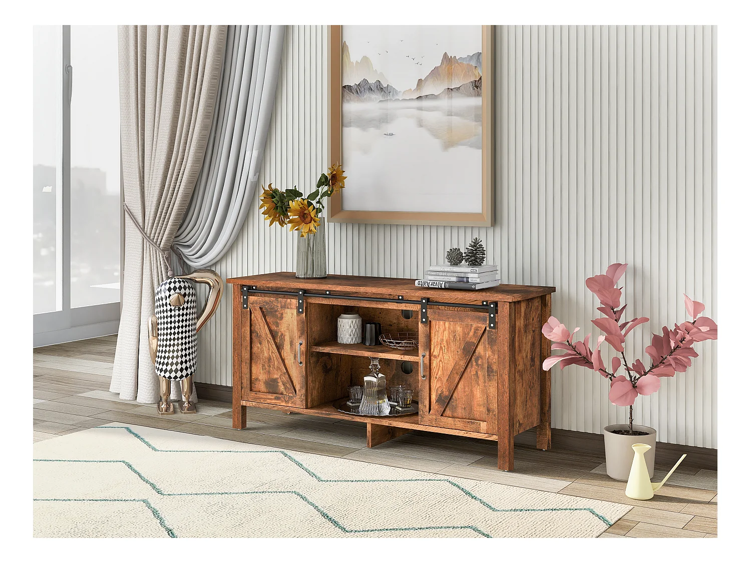 Meuble tv en design industriel vintage avec 2 portes coulissantes brun vintage