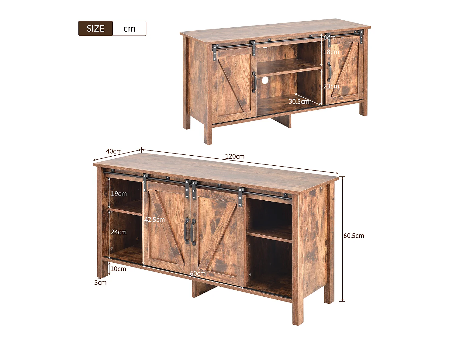 Meuble tv en design industriel vintage avec 2 portes coulissantes brun vintage