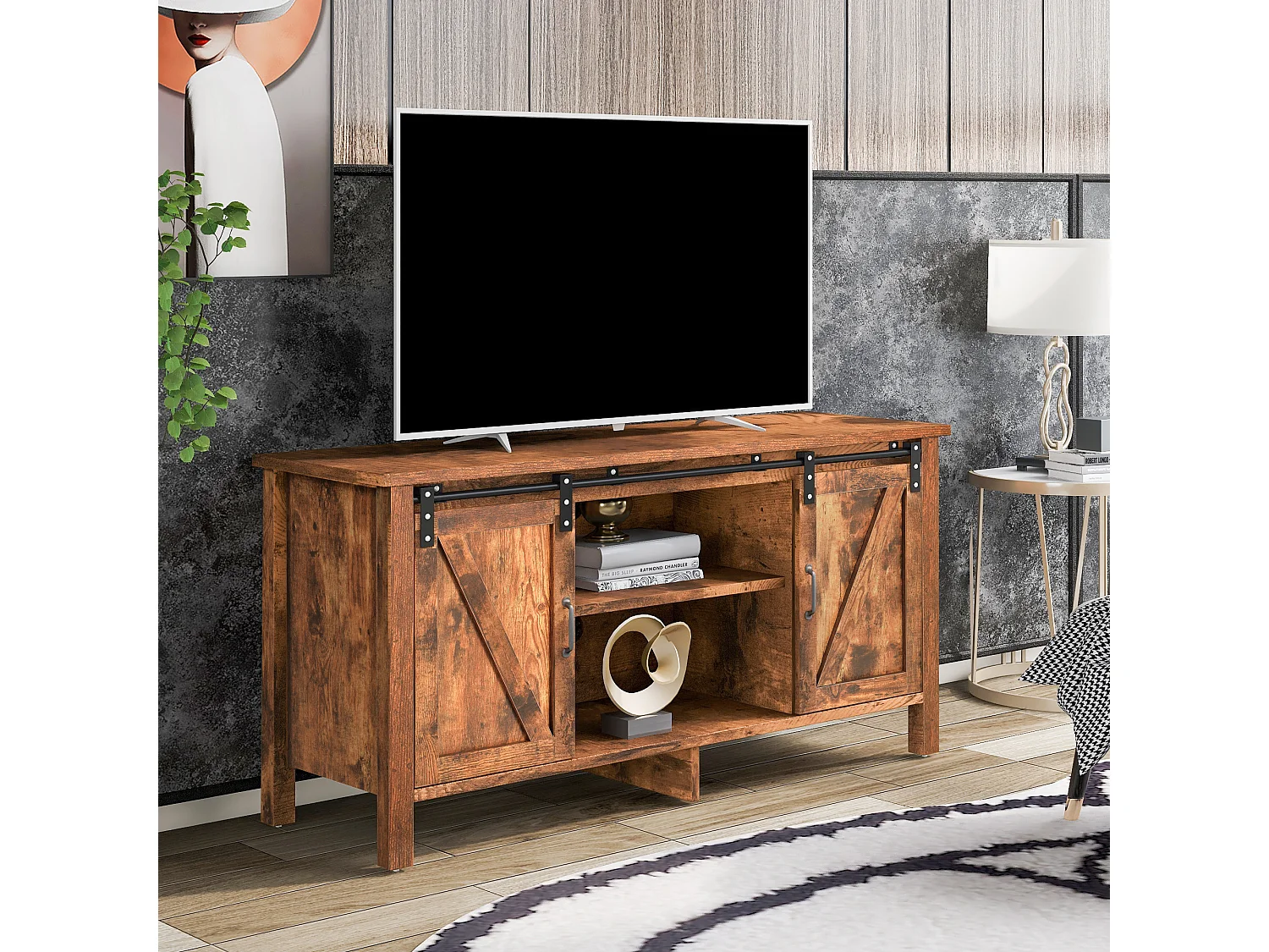 Meuble tv en design industriel vintage avec 2 portes coulissantes brun vintage