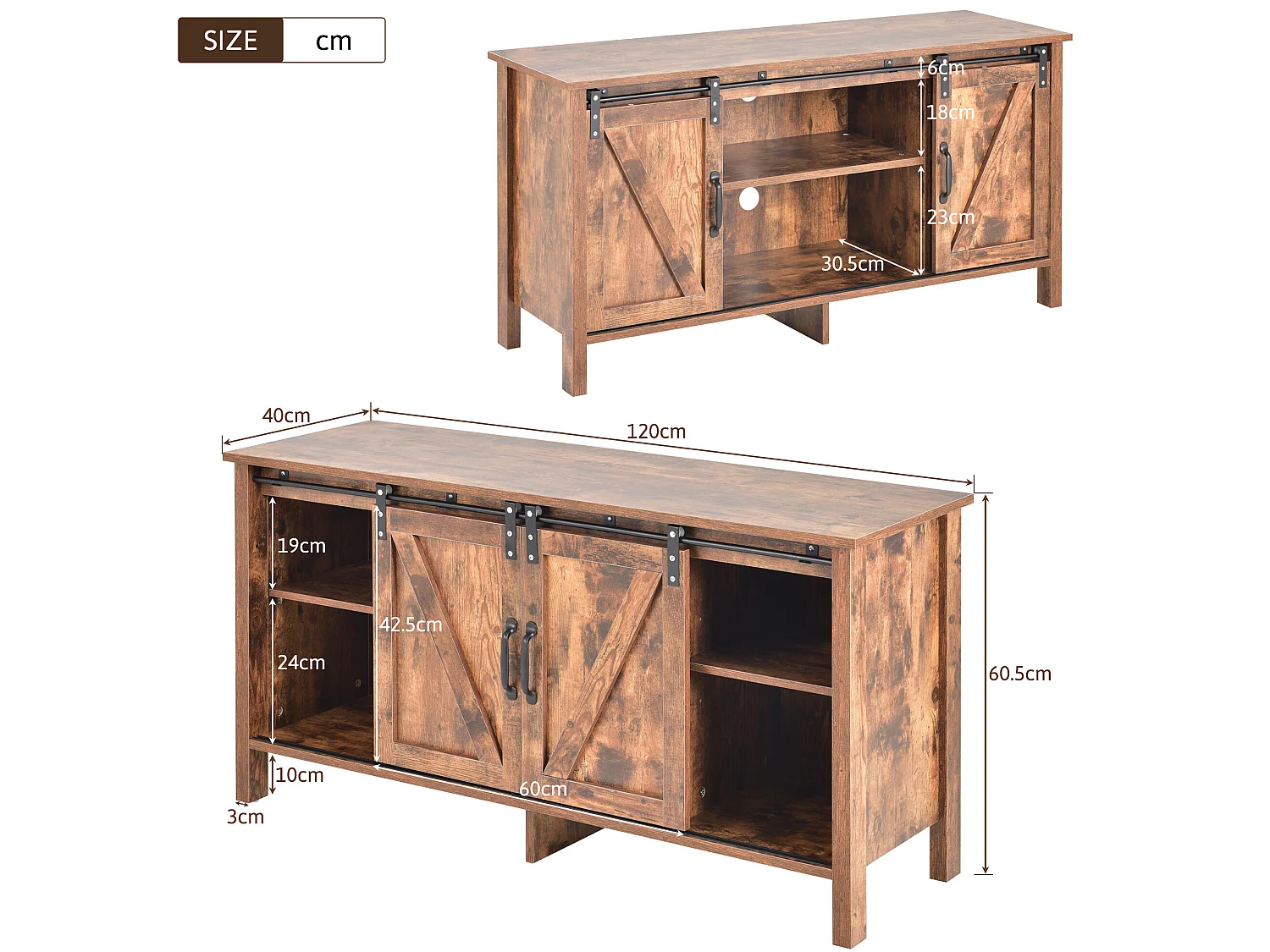 Meuble tv en design industriel vintage avec 2 portes coulissantes brun vintage