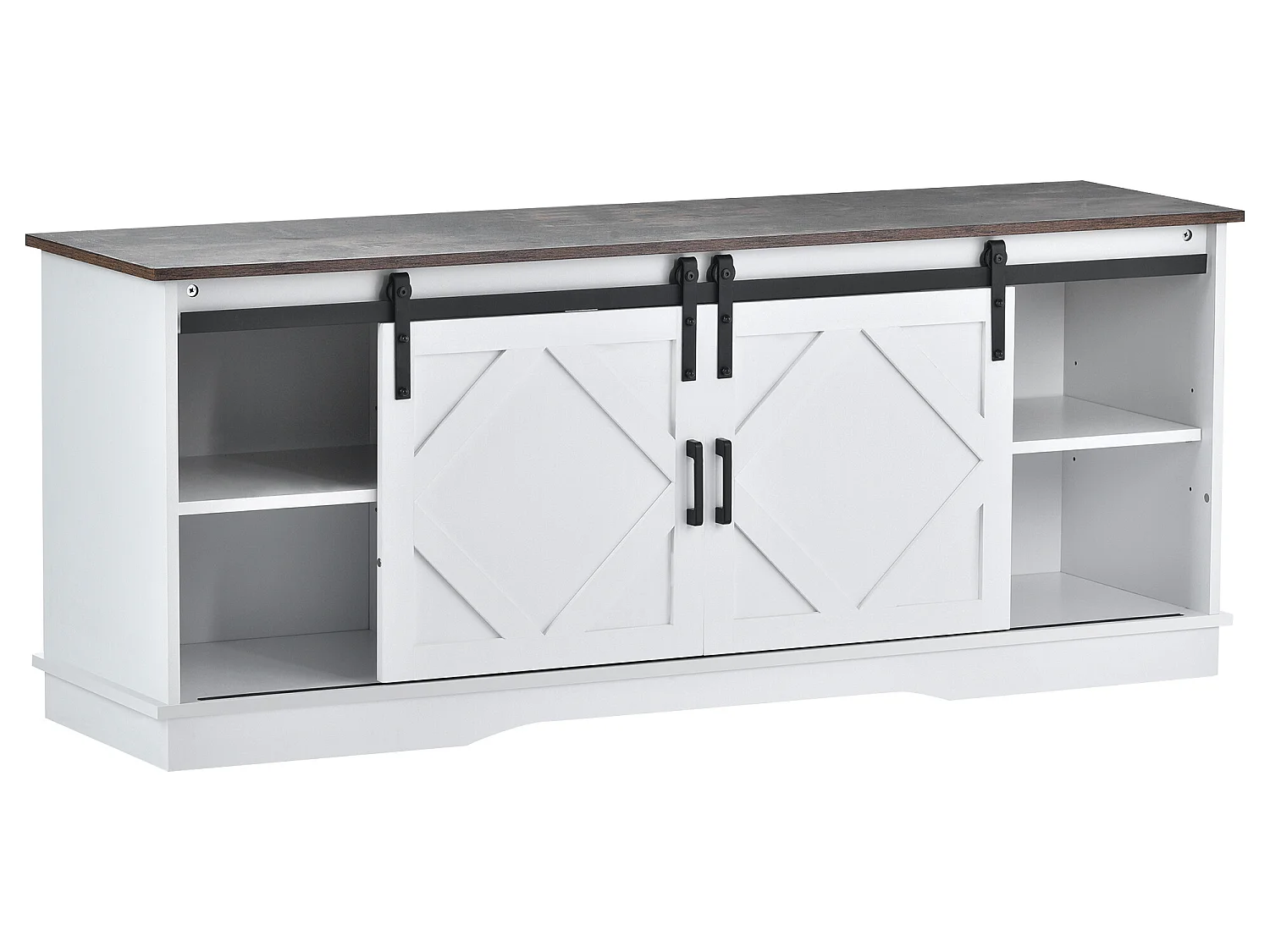 Mueble TV con puertas correderas y estantes regulables.