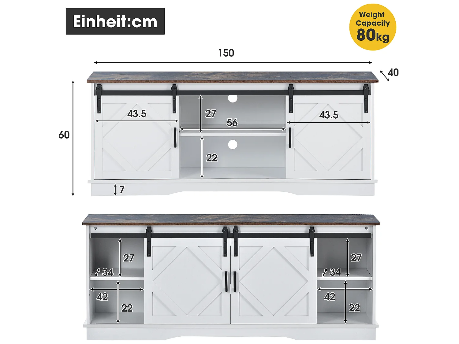 Mueble TV con puertas correderas y estantes regulables.