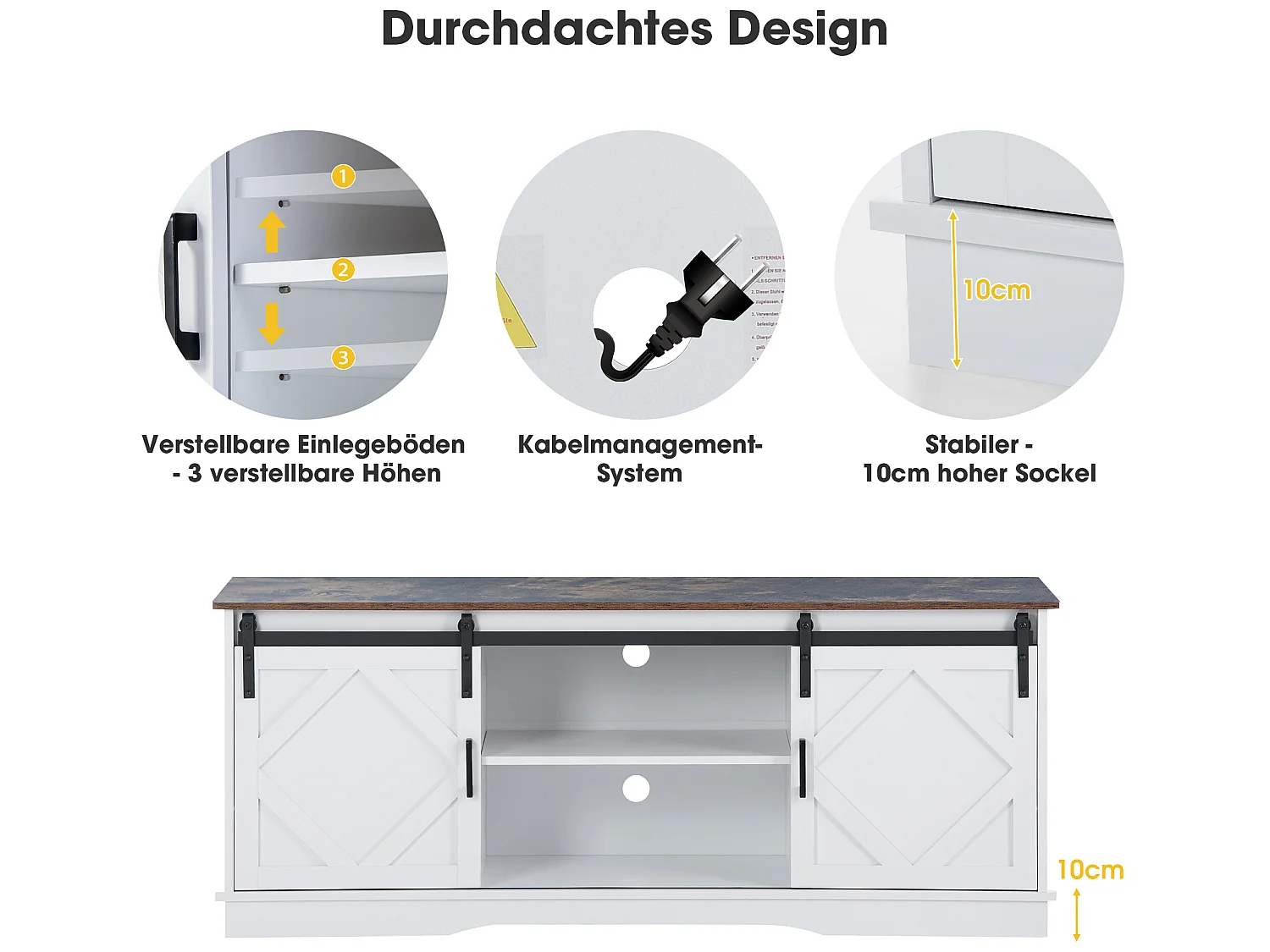 Mueble TV con puertas correderas y estantes regulables.