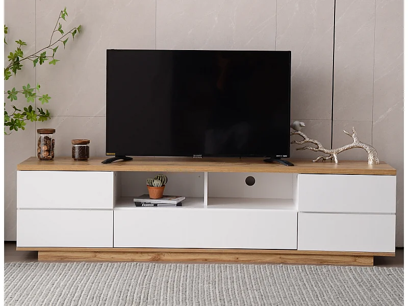 Mueble para TV moderno en bloques de color con superficie brillante y vetas de madera de 180 cm