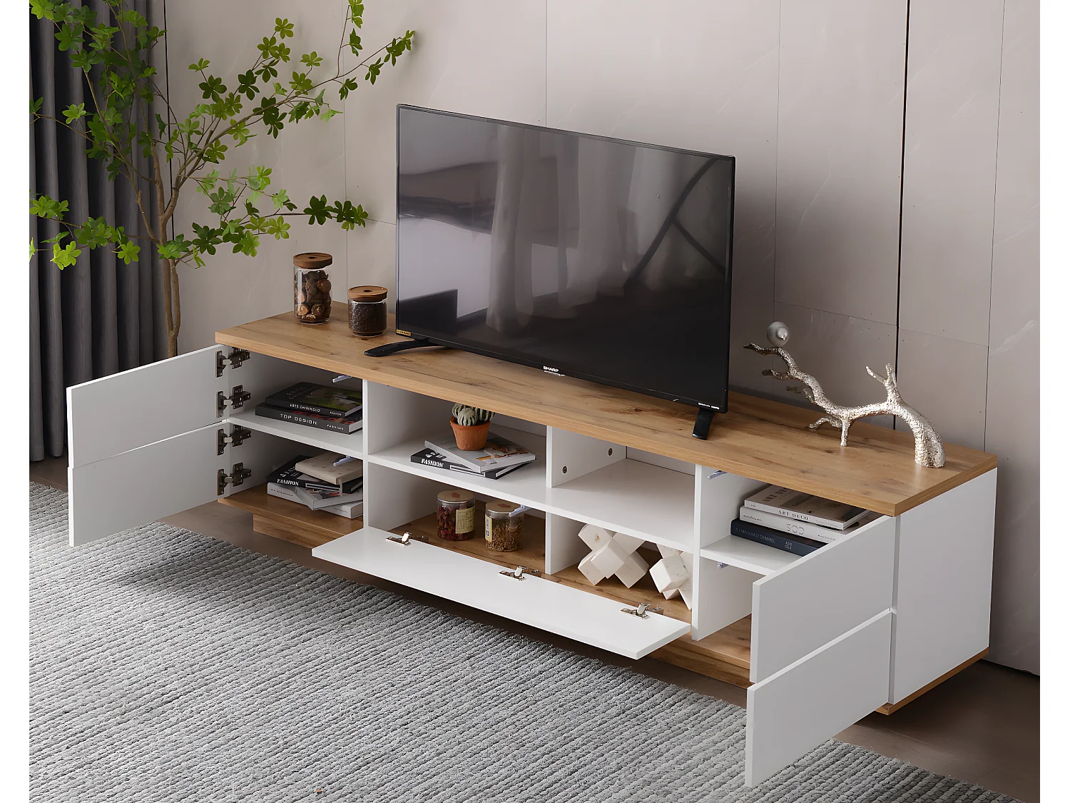 Meuble tv moderne en blocs de couleurs avec surface brillante et grain de bois 180 cm