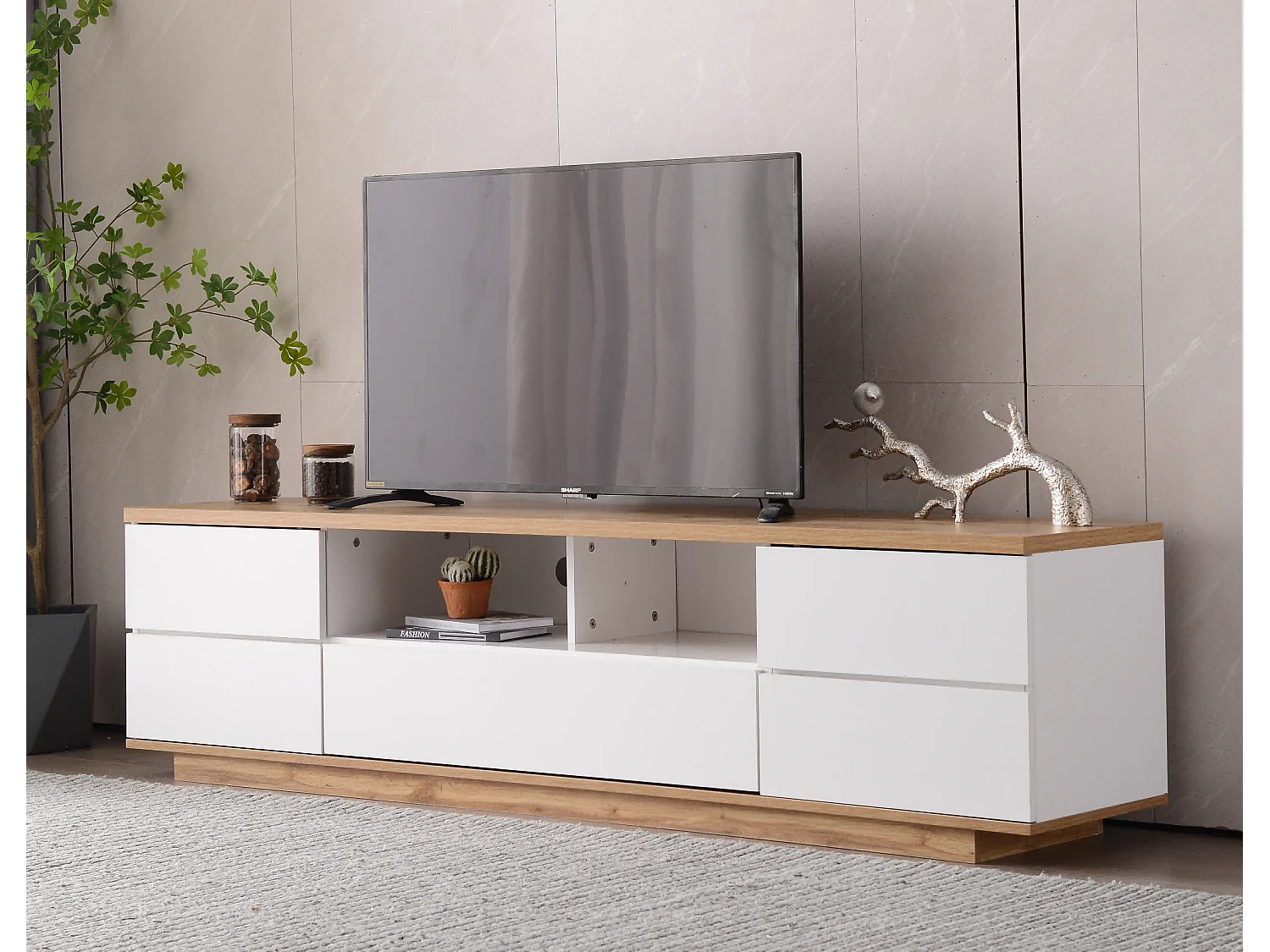 Meuble tv moderne en blocs de couleurs avec surface brillante et grain de bois 180 cm