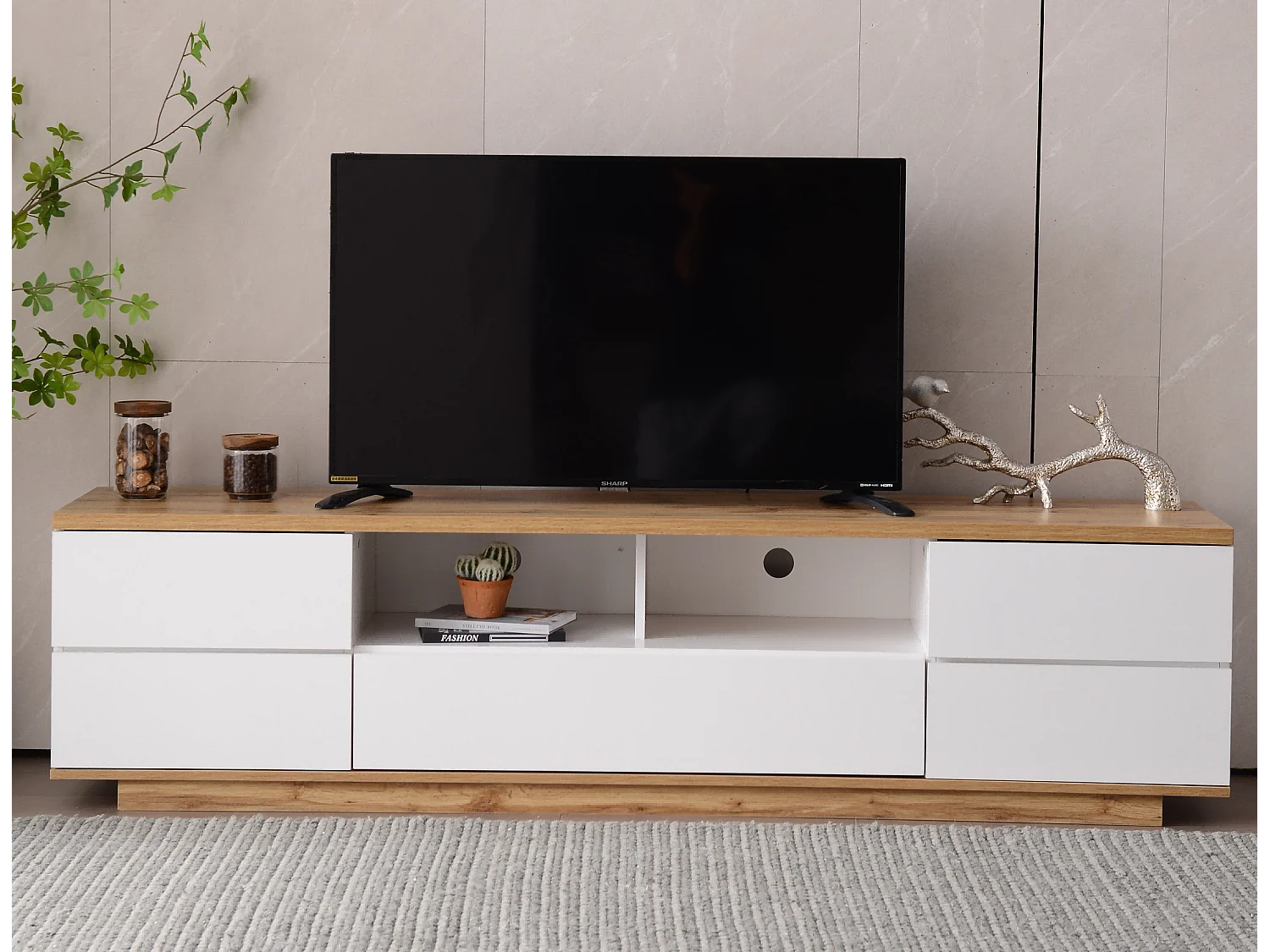 Modern tv-meubel met kleurenblokken, glanzend oppervlak en houtnerf, 180 cm